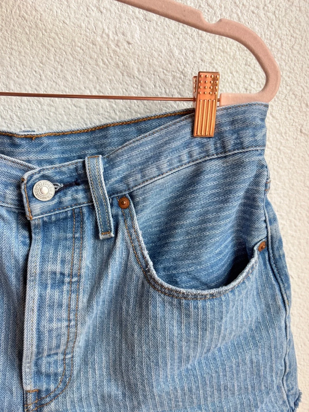 Levi’s 501 Raw Hem Railroad Stripe Shorts 30